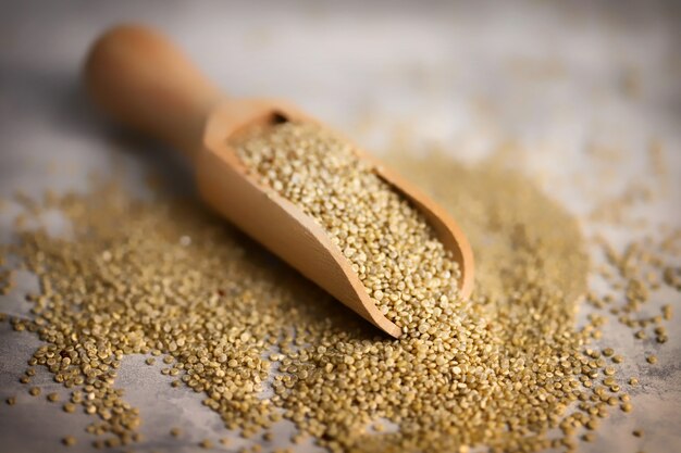 Quinoa in a wooden spatula.