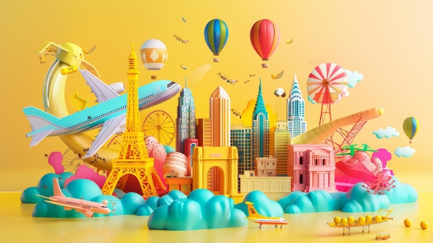 Quirky 3d illustrations of fantastical travel destinations 3d style isolated flying objects memphis style 3d render AI generated illustration