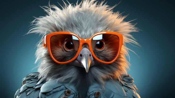 Foto quirky bird in blauw jasje met retro glamour zonnebril