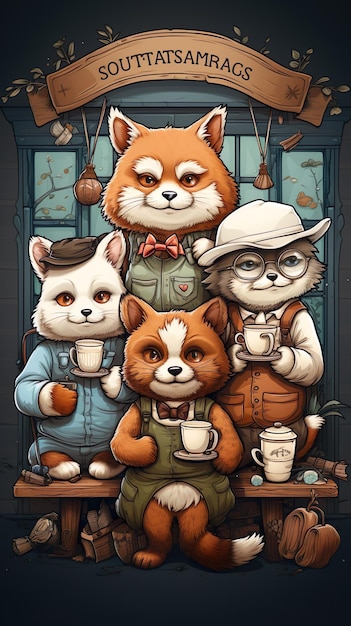 Quirky Coffee Shop Hangout Dierlijke personages in retro hipster outfits Schattige cartoon personages