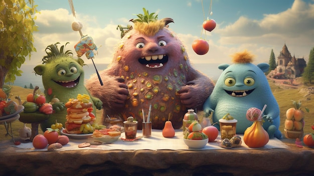 Quirky and cute monsters having a picnic