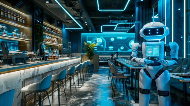 A quirky interpretation of a futuristic restaurant with robotic chefs and holographic menus AI generated illustration