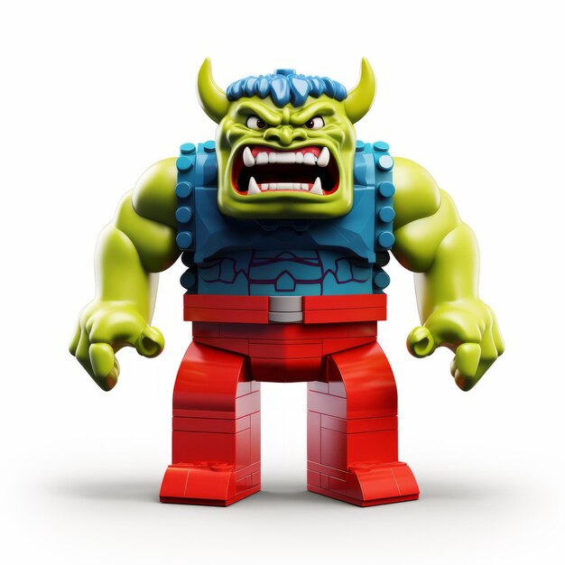 Foto il bizzarro lego hulk con le scarpe rosse e l'armatura blu