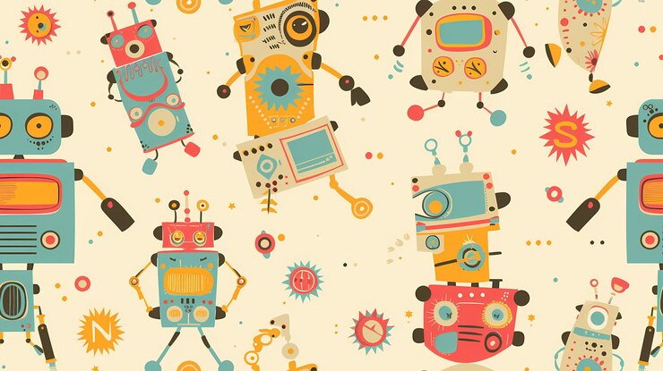 Photo a quirky pattern of colorful vintage style robots and gears