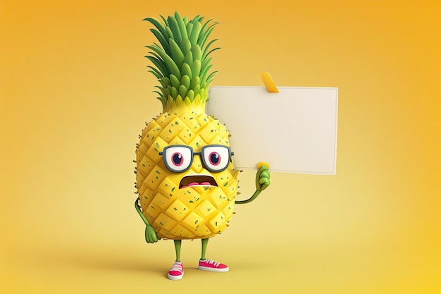 Foto ananas stravagante con gli occhiali con un cartello bianco ia generativa