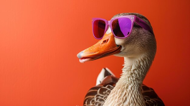 Photo a quirky portrait of a duck sporting stylish purple sunglasses against a vibrant red background