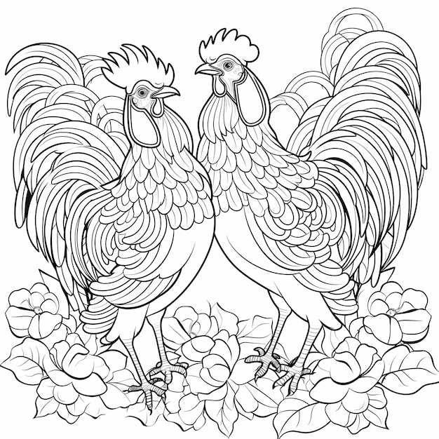 Quirky Rooster Crew Colorful Cartoon Style Coloring Page