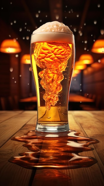 Quirky scene a beer glass with beer and a floating brain resting on the table