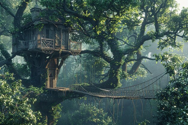 Photo quirky treehouse in a lush forest with a rope brid