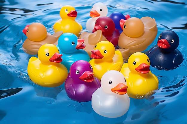 Quirky unity diverse rubber ducks floating in harmony