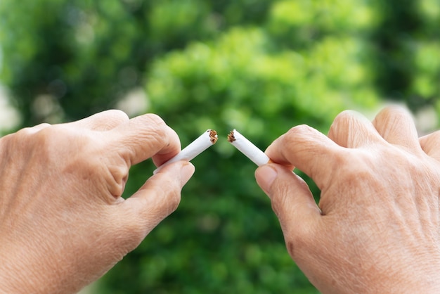 Quit smoking, no tobacco day, mother hands breaking the cigarette