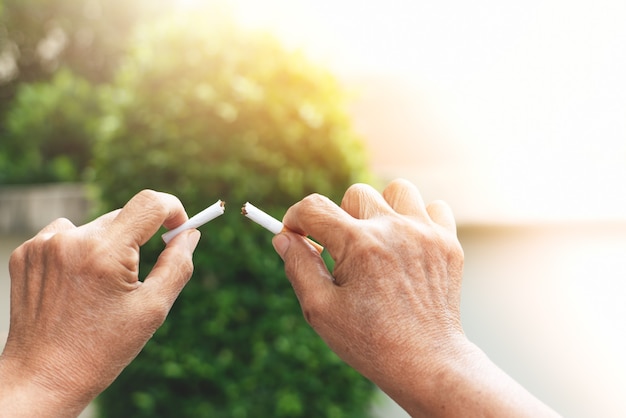 Quit smoking, no tobacco day, mother hands breaking the cigarette