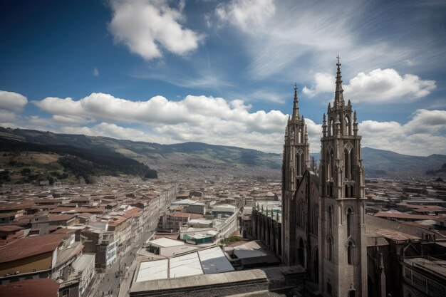 Quito Basilica colorful market and Andean mountains generative IA