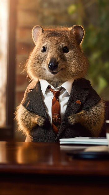 Quokka in a Business Suit in an AustralianThemed Office AI Generated