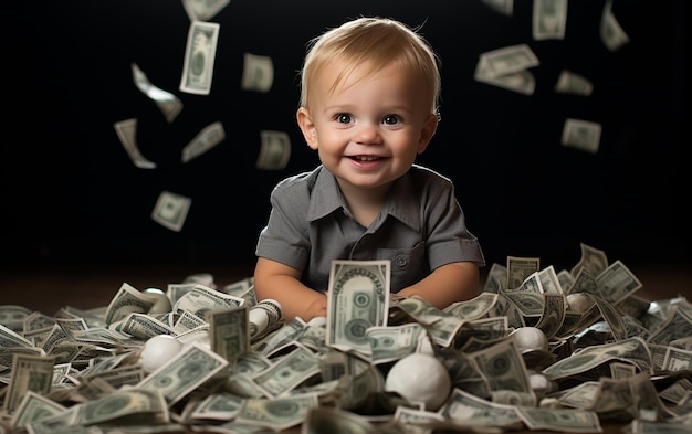 Photo quota happy baby boy with money by his side on the white backgroundquot