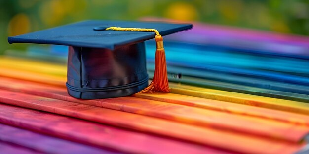 Photo quotacademic achievement a graduation cap on a colorful bookquot concept academic achievement graduation cap colorful book