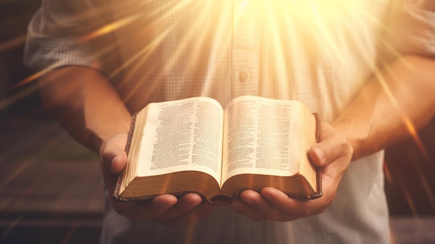 quotCloseUp of a Man39s Hand Holding the Holy Bible on Wooden Surfacequot