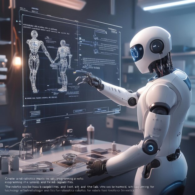 引用一個實際的圖像,一個機器人工程師在實驗室工作,用人工智能編程機器人