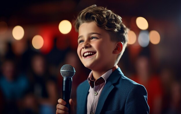 Эмоциональные мелодии очаровательный мальчик ребенок страстно поет на концерте