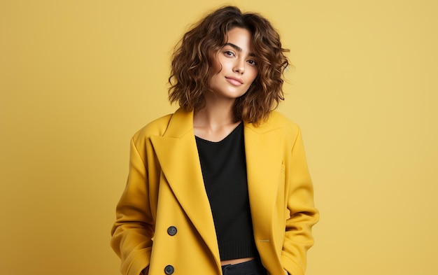 Photo quotfashionable woman in a yellow coat indicatingquot