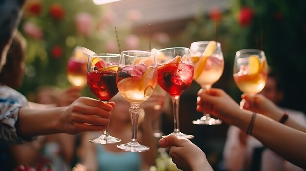 Foto gruppo di amici che brindano a cocktail multicolori al barquot