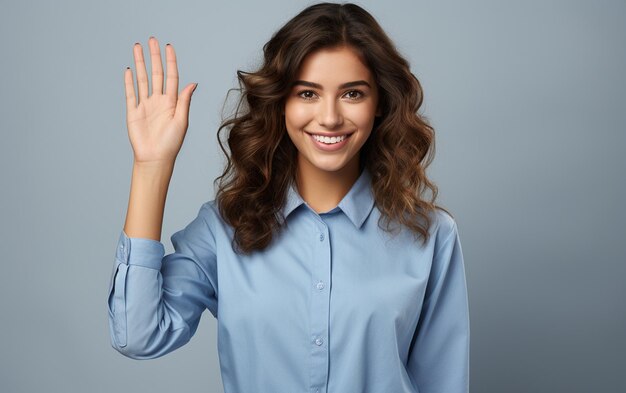 Photo quotlady in blue shirt indicating in a directionquot