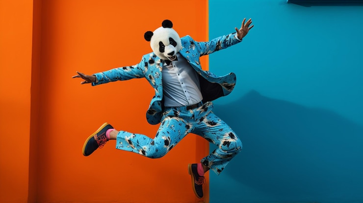 Photo quotman wearing vibrant blue suit and panda mask jumpingquot