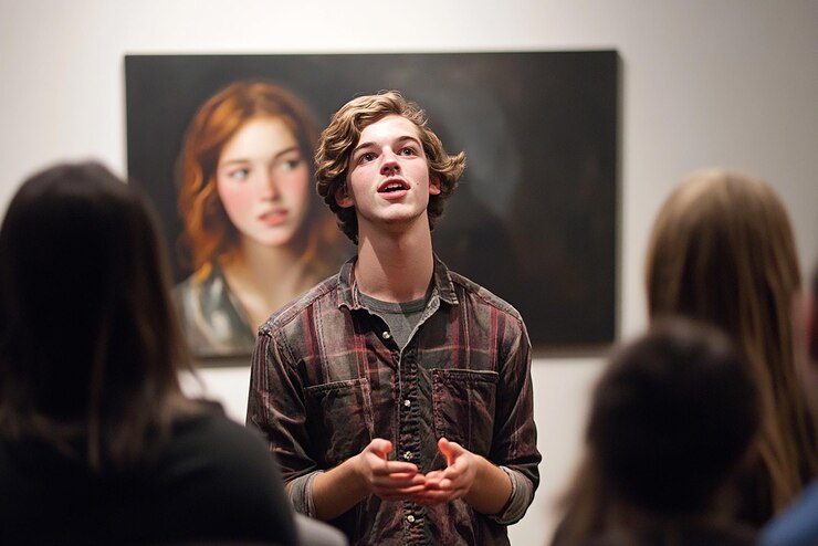 Photo quotstudent artist giving a talk about their workquot