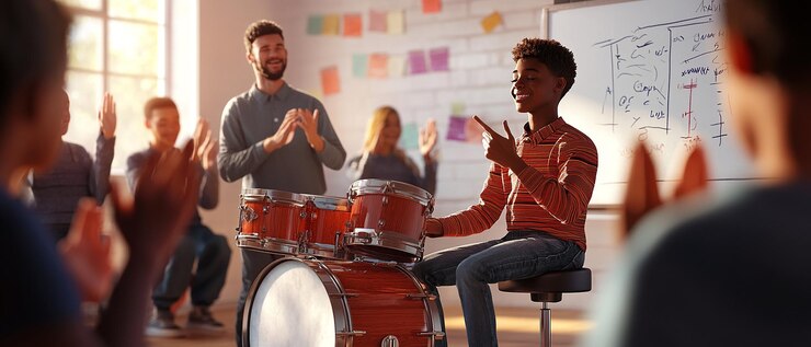 Photo quotstudent performing a drum solo with the band in the backgroundquot