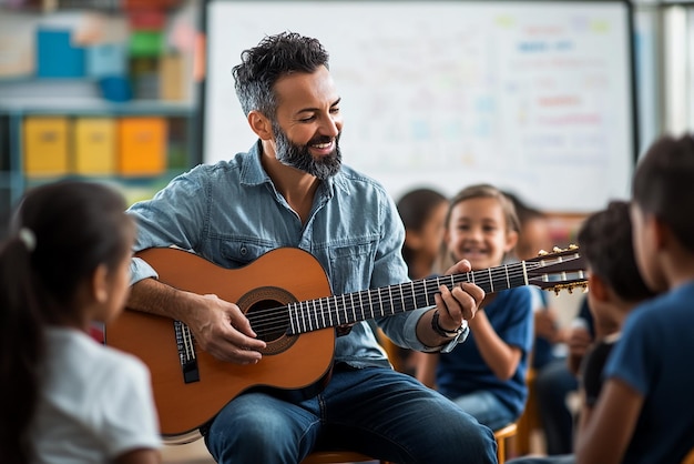 quotteacher playing guitar while leading students in music activityquot
