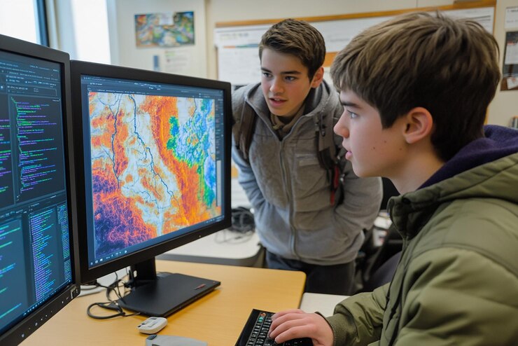 Photo quotteenager demonstrating computer program projectquot