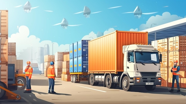 Рабочие разгружают тяжелые коробки в контейнерные грузовики