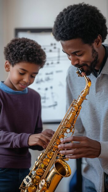 quotyoung student excitedly playing a saxophone in classquot