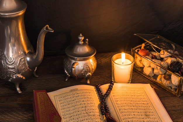 Коран и свеча рядом с конфетами и чайным сервизом