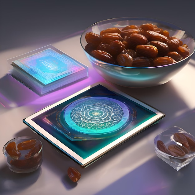 Quran or Kuran the islamic holy book with multi color lighting with dates