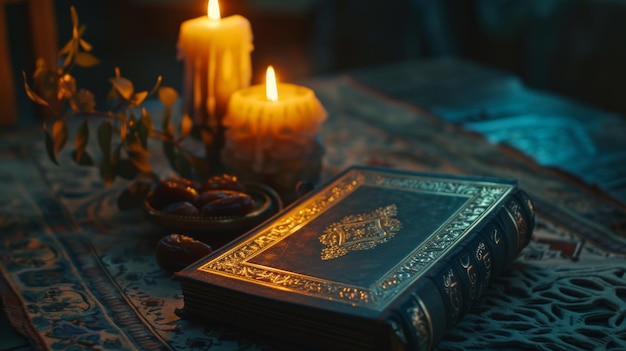 quran near the candle and sweet dates Ramadan the holy time ramadan