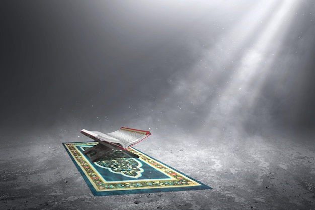 Photo quran open on a wooden placemat on a prayer rug