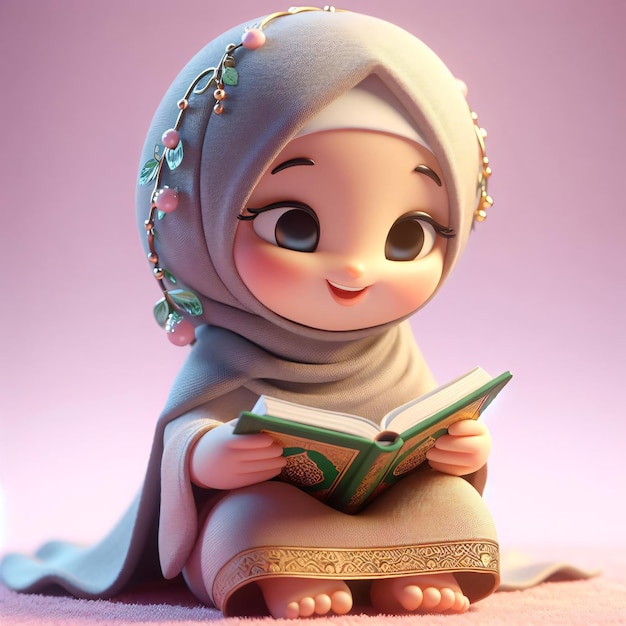 이슬람 의상을 입은 기쁜 3D 만화 소녀가 코란을 읽습니다.