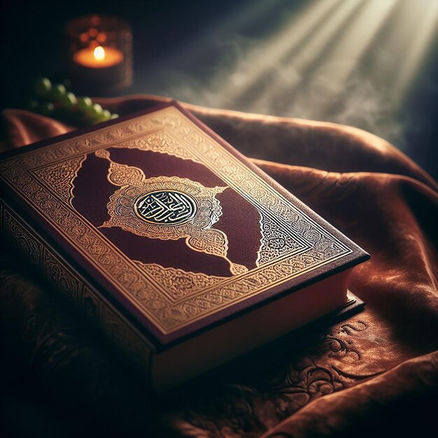 Коран на богатой бархатной ткани в спокойной обстановке с мягким освещением, подчеркивающим святость