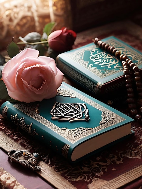 Foto un quran sharif accanto a un fiore e un tasbeeh