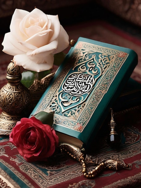 Photo a quran sharif beside a flower and tasbeeh