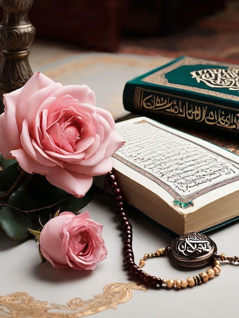 Foto un quran sharif accanto a un fiore e un tasbeeh