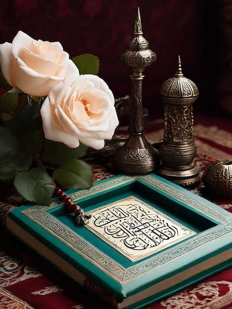 Photo a quran sharif beside a flower and tasbeeh