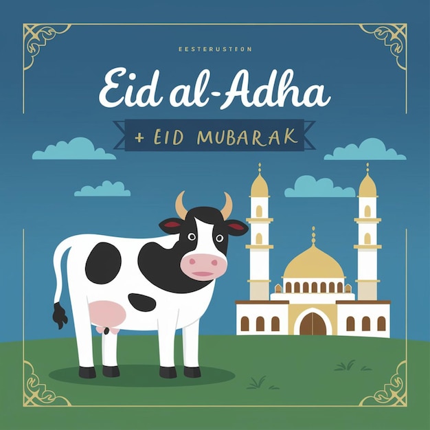 Qurban in Eid Al Adha Mubarak met moskee sterren en lantaarns als achtergrond Eid al adha mubarak