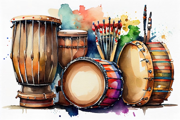 Raad van etnische drums van Latijns-Amerika aquarel illustratie op wit Generatieve Ai