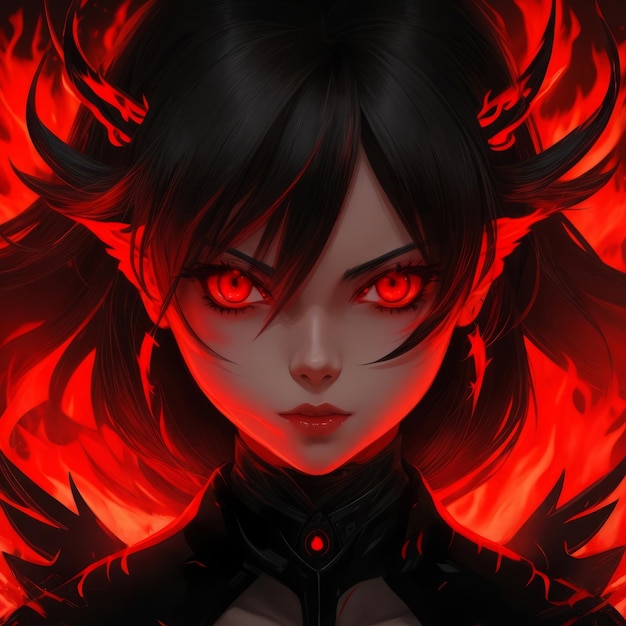 Raadselachtige figuur in anime-stijl met rode ogen en vlammen Generatieve AI