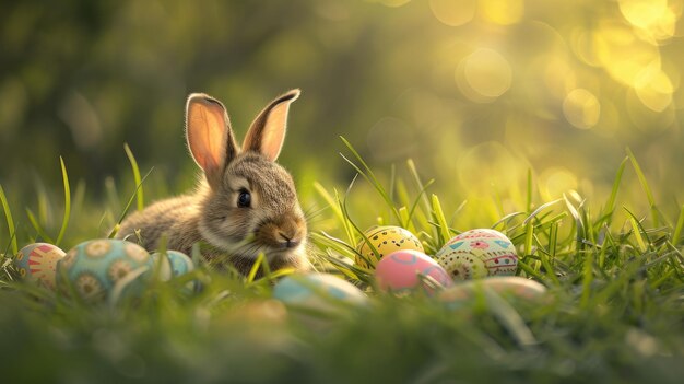 Foto coniglio tra le uova di pasqua in un prato naturale