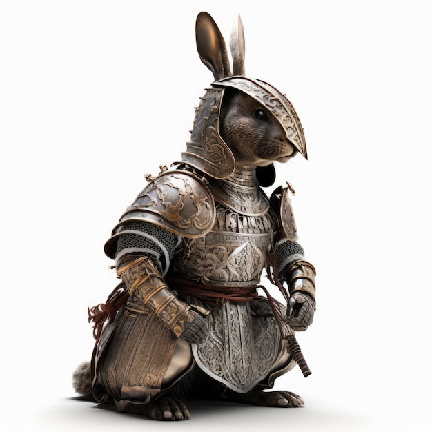 A rabbit in a armour with a sword and a shield.