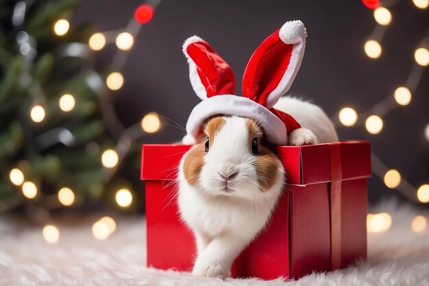 Фото Кролик на рождество белый и коричневый милый кролик выглядывает из красной коробки с подарками на фоне рождественских огней веселый сюрприз