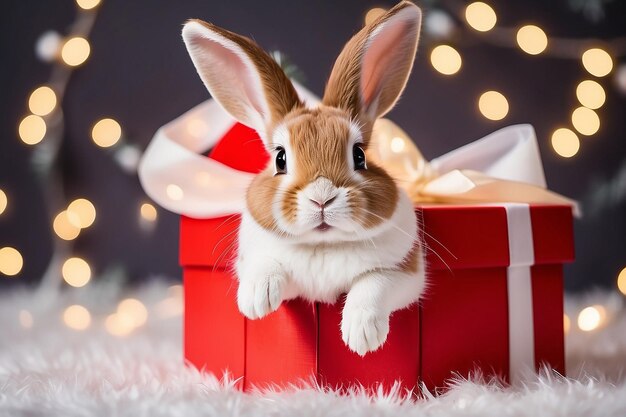写真 クリスマスのウサギ 白と茶色の可愛いウサギがクリスマスのライトの背景に赤いギフトボックスからき出します 嬉しいサプライズ